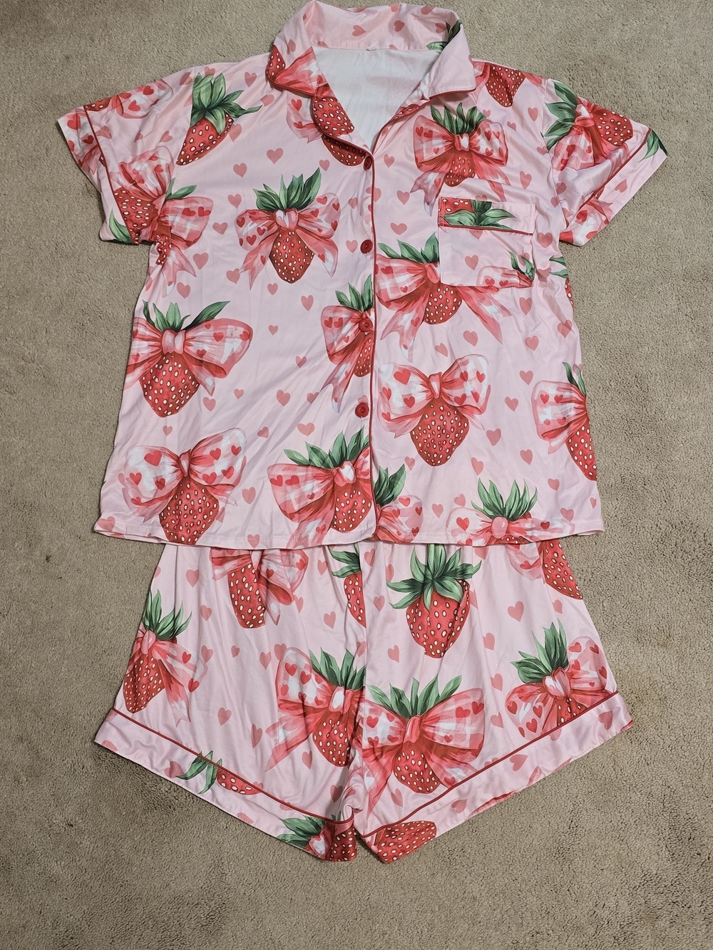 Soft And Silky Pink Strawberry Bow Short Pajama Set